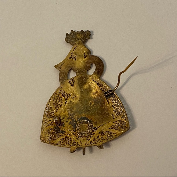 TOPAZIO PORTUGAL BROOCH VINTAGE ENAMEL FILIGREE LADY BRASS BLUE - Picture 5 of 6